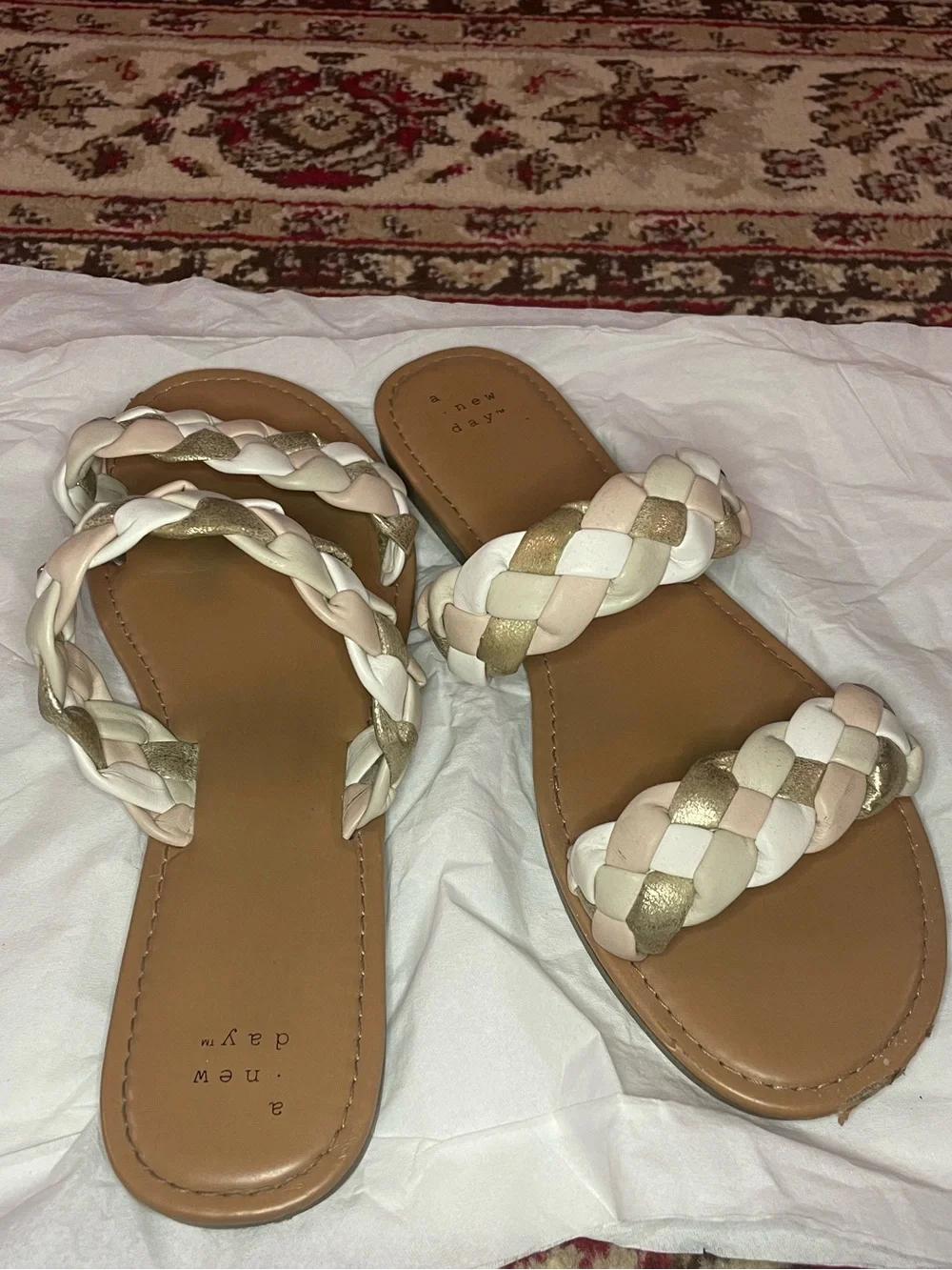 Braided Slide Sandals - White, Beige, Gold & Apricot